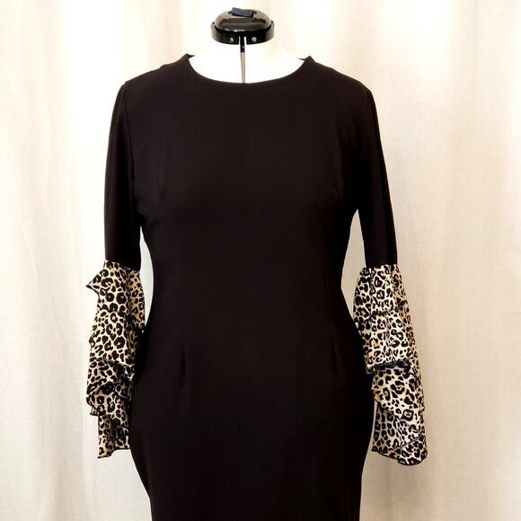 Women’s Black Animal Print Lace-cuff Bell Sleeve Sheath Dress Size XL - Picture 2 of 7